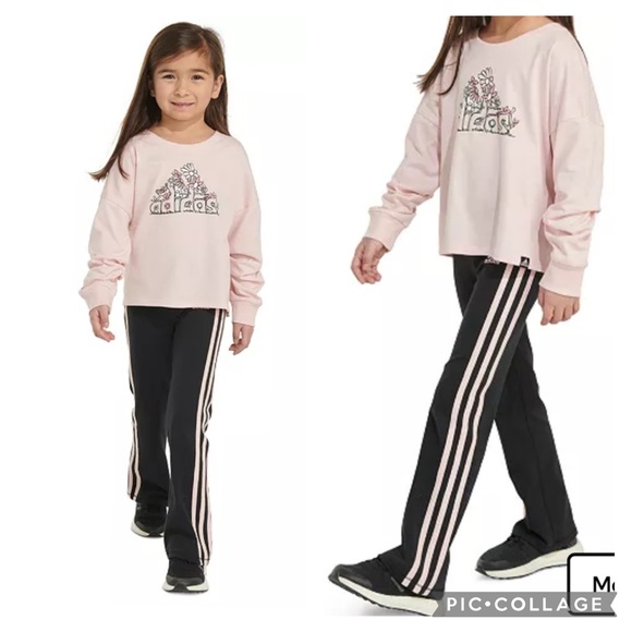 Adidas Kids Pink Logo Top and Black Pants Set - Picture 1 of 4